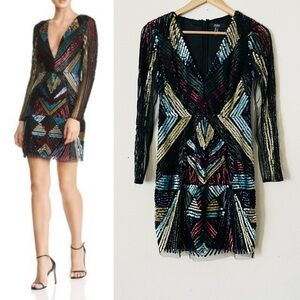 Aidan Mattox SIZE 4 embellished sequin long sleeve Vneck mini cocktail dress